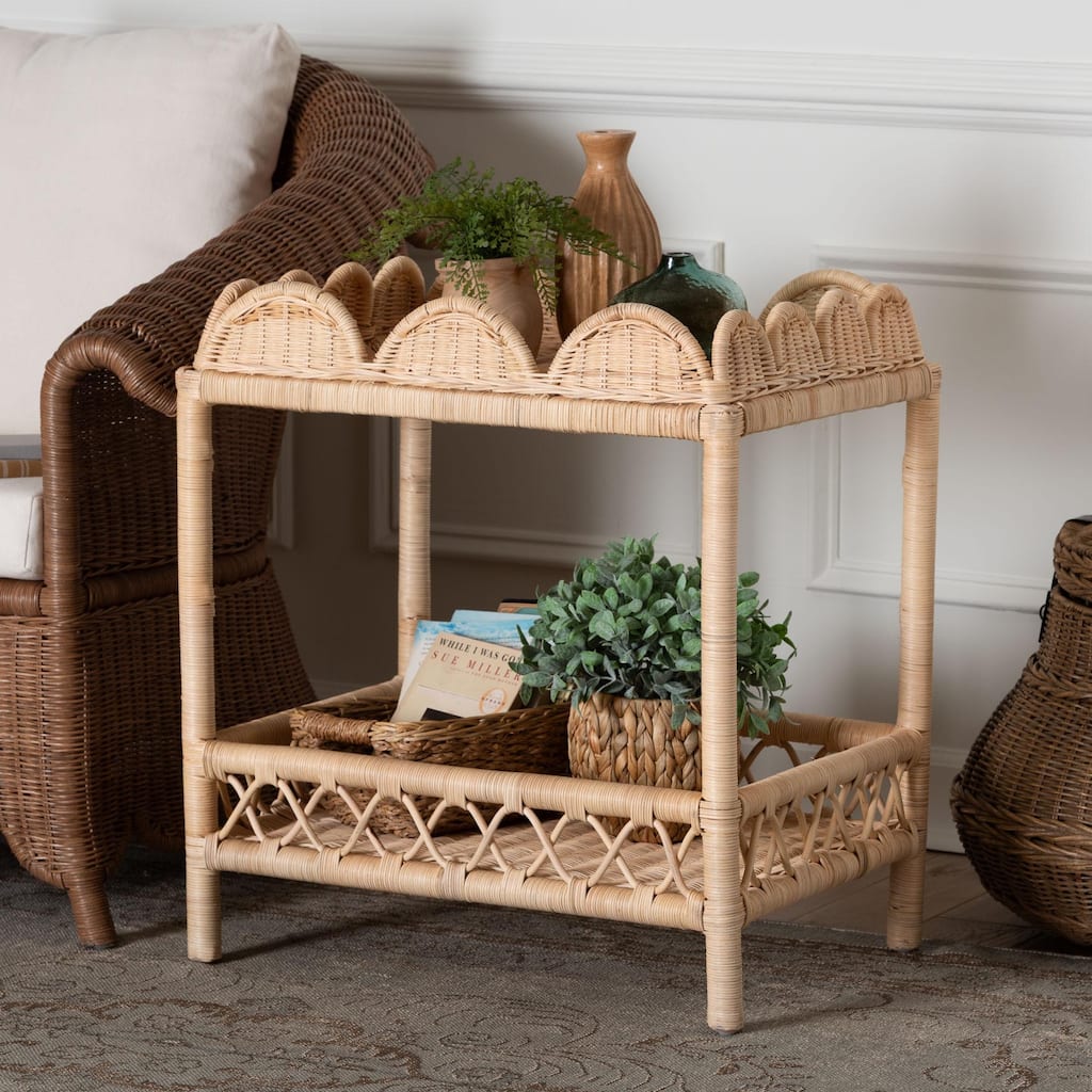 Eloisa Natural Rattan End Table - Handwoven Wicker 2-Tier Side Table with Scalloped Border for Living Room or Bedroom
