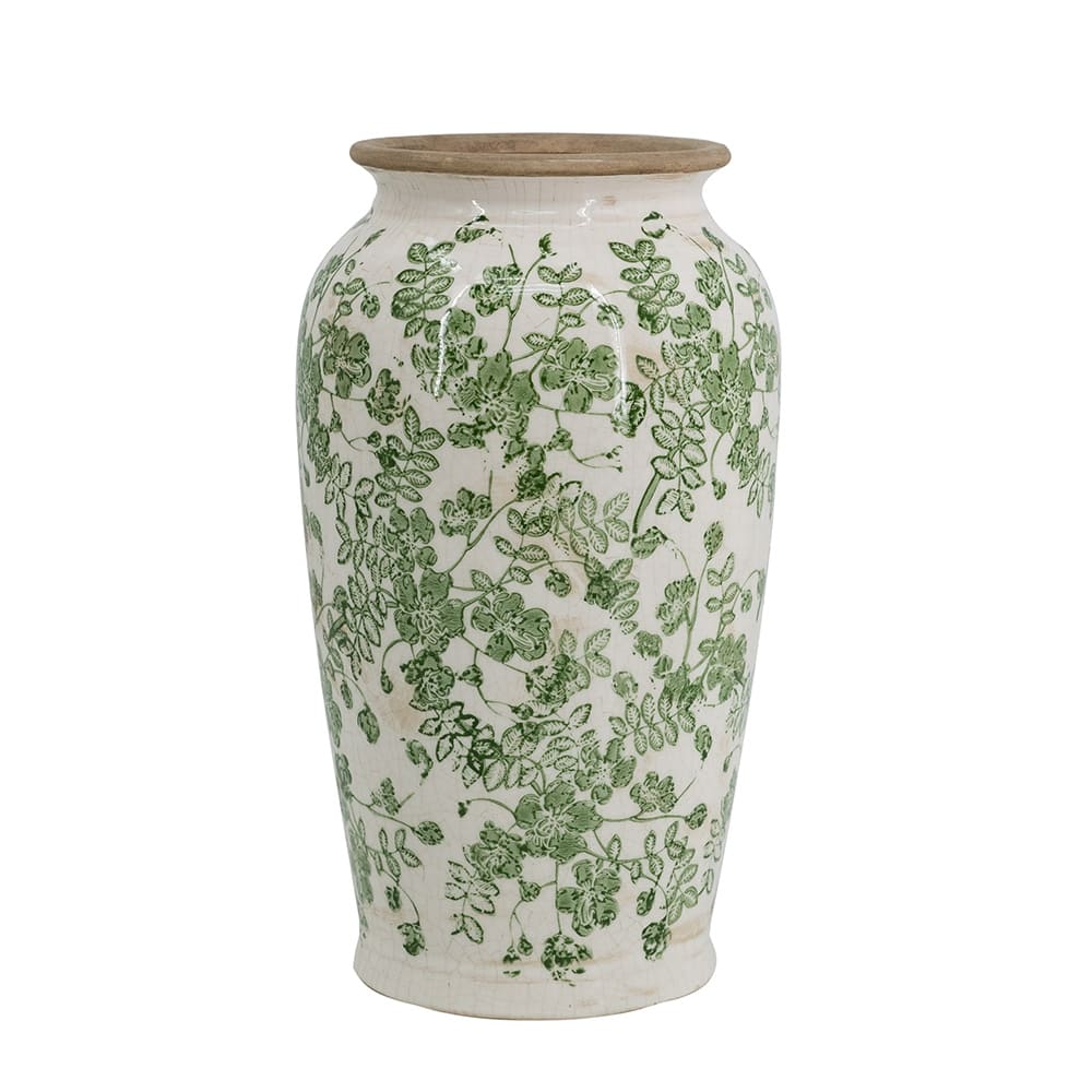 6.5x6.5x11.6" White Ceramic Flower Vase with Green Floral Pattern