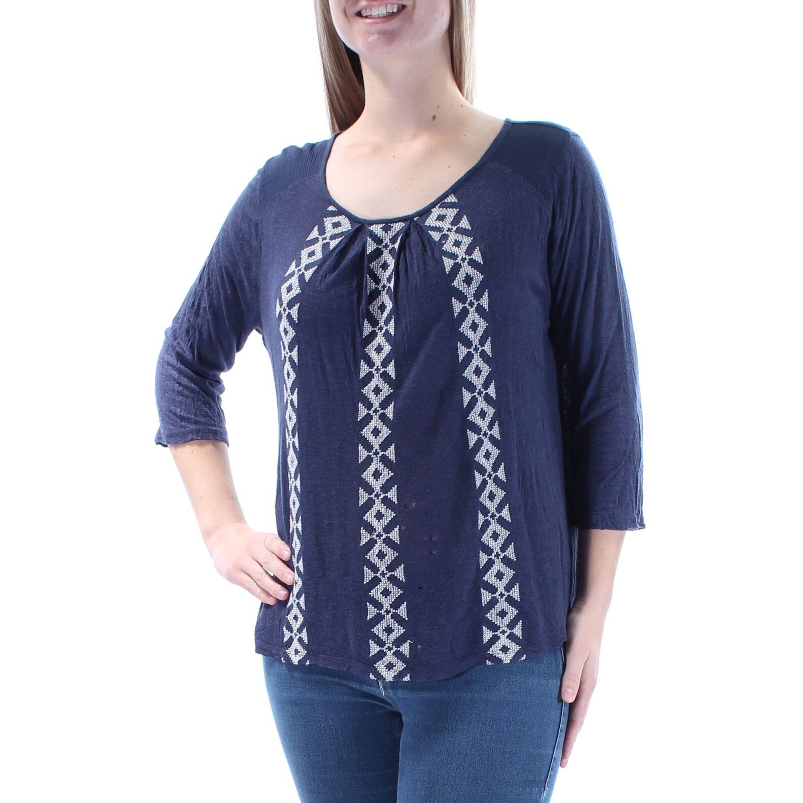 Shop Lucky Brand Womens New 2588 Navy Tribal Embroidered 3 4