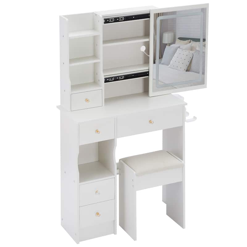 29.2" Small Size Left Drawer Desktop Vanity Table + Cushioned Stool, 2 AC+2 USB Power Station, Hair dryer bracket