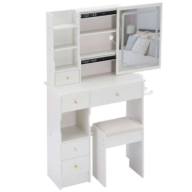 29.2"Small Size Left Drawer Desktop Vanity Table+Cushioned Stool,Hair dryer bracket,Extra Large Touch Control Sliding LED Mirror