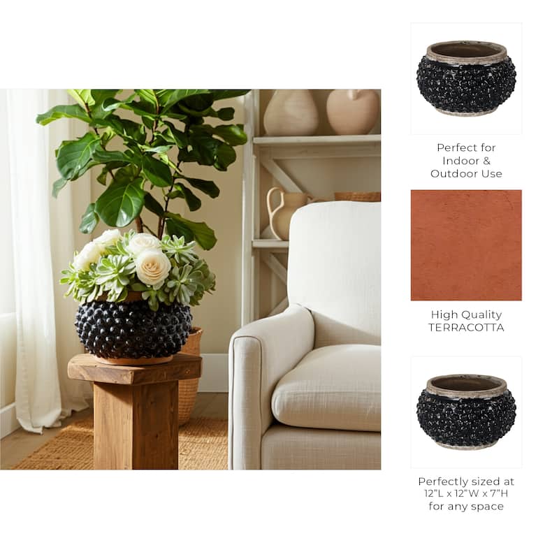 Terracotta Planter Textured Glaze Indoor Outdoor Use - 7" Black - 12" x 12" x 7"