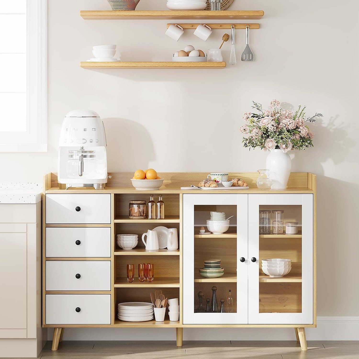 Wood Farmhouse Buffet Sideboard w/ Glass Doors & Open Storage