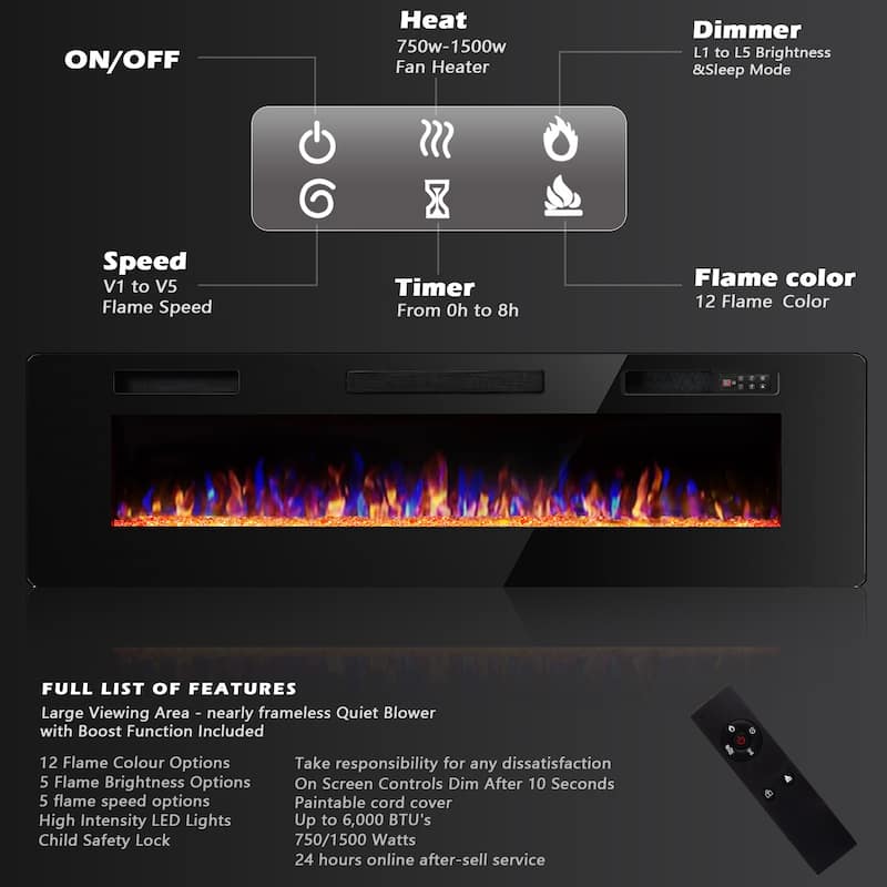 Bossin 30 to 72 inch Electric Fireplace Ultra-Thin and Silence Linear Recessed Wall Mounted Fireplace with Remote Control