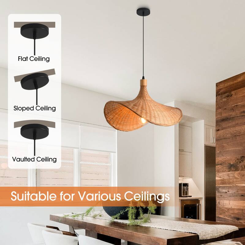 20" Natural Wicker Rattan Adjustable Pendant Light Chandelier for Dining Room