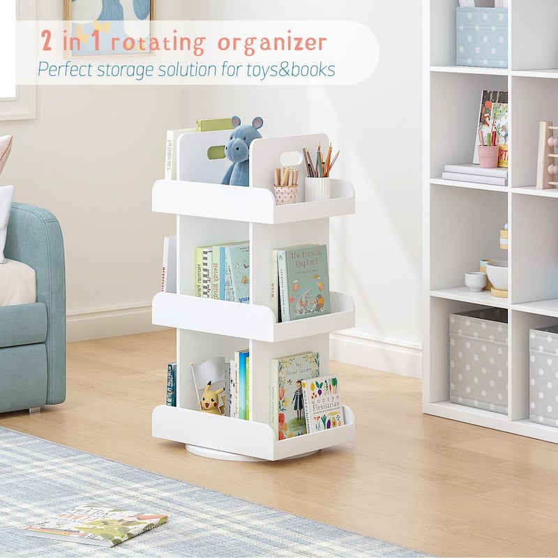COSTARS Kids Rotating Bookshelf Tower, 3-Tier 360° Spinning Bookcase with Book Display, Revolving Storage Organizer , White - White