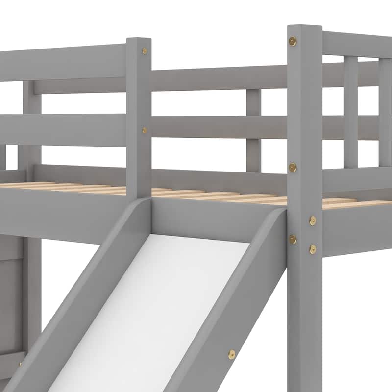 Twin Solid Wood Bunk Bed with Slide, Stairway, and Shelves