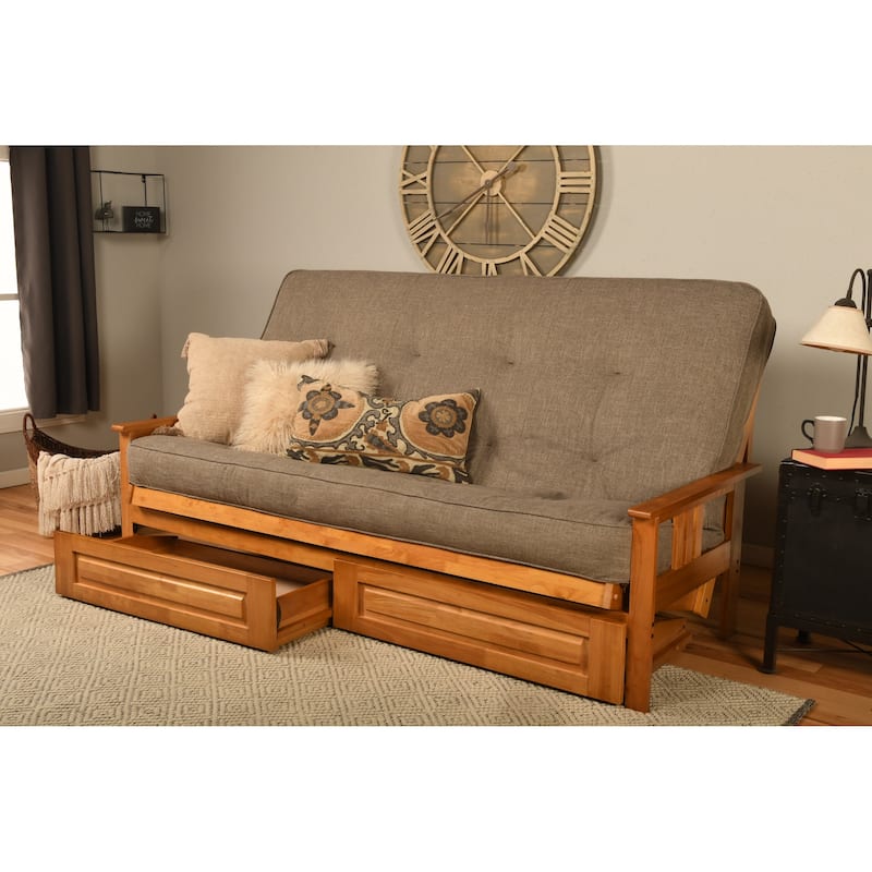 Somette Monterey Queen-size Storage Futon Set in Butternut Finish with Linen Mattress