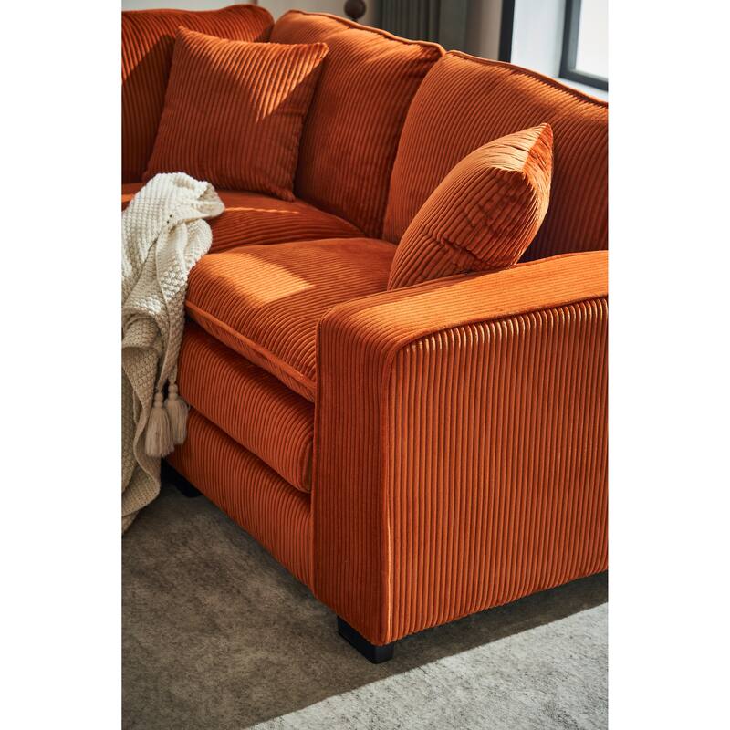 Orange 118.1'' Luxurious U-Shaped 6-Seat Sectional Sofa with Ottoman and 3 Throw Pillows, Durable Corduroy Upholstery