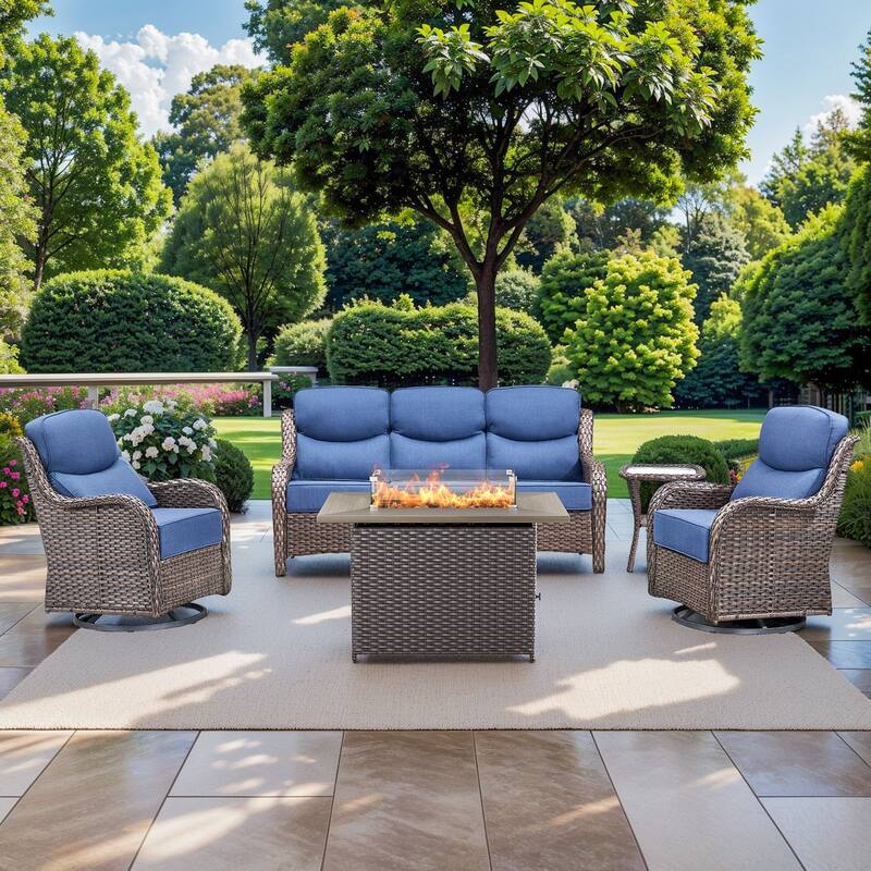Pocassy 5PCS Outdoor 6Inch Sofa Swivel Chair Table w/ Fire Table - Blue cushion - Brown Wicker