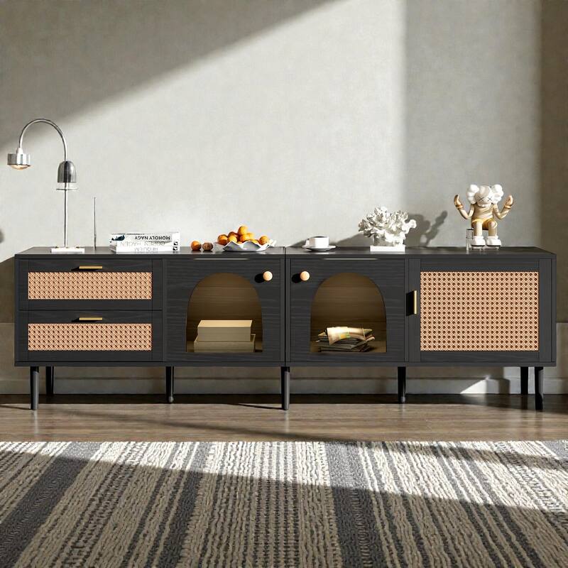 Rattan TV Stand with LED Lights, 3 Cabinets & 2 Drawers, Media Console for TVs up to 80'', Modern Entertainment Center