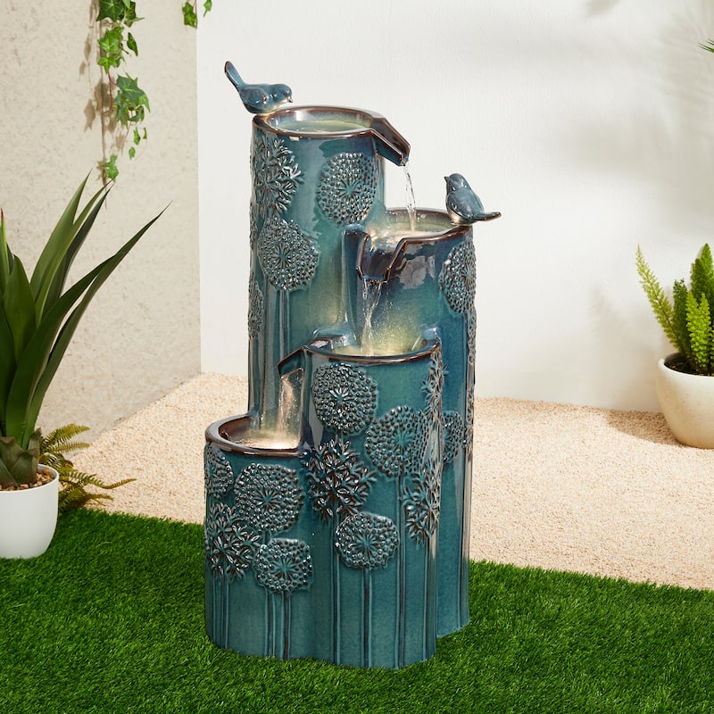Glitzhome 31.75"H 4-Tier LED Vase-Shaped Ceramic Outdoor Floor Fountain with Birds/ Lotus - Green - Birds