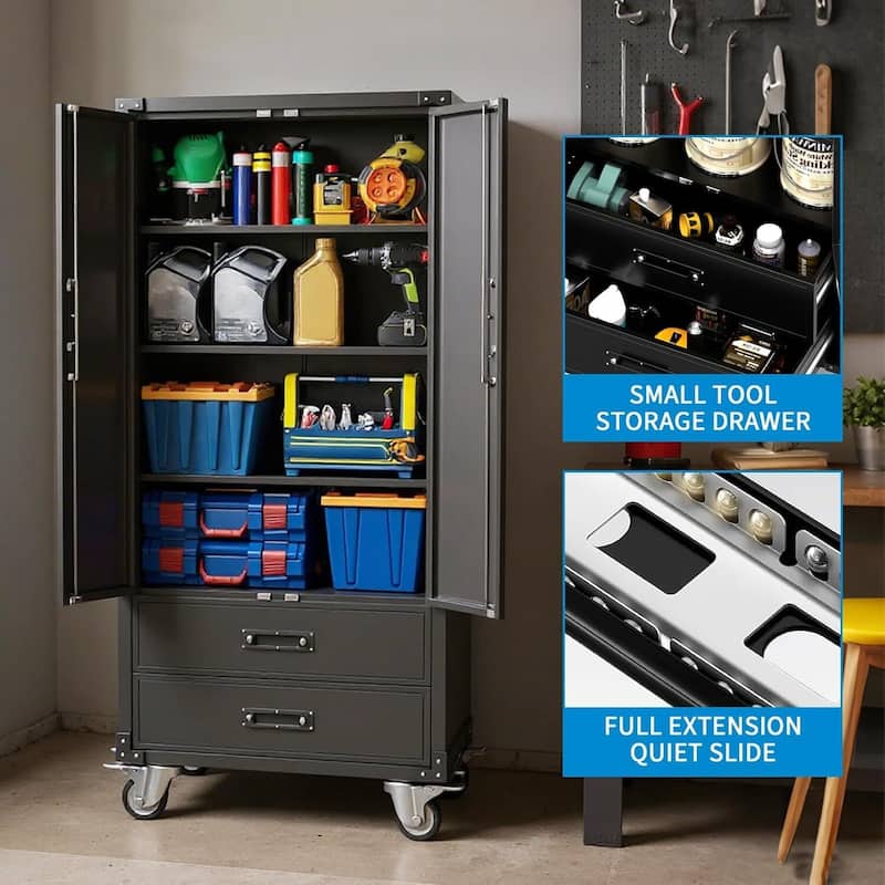 Heavy-Duty Metal Garage Storage Cabinet with Drawers & Lockable Wheels - N/A