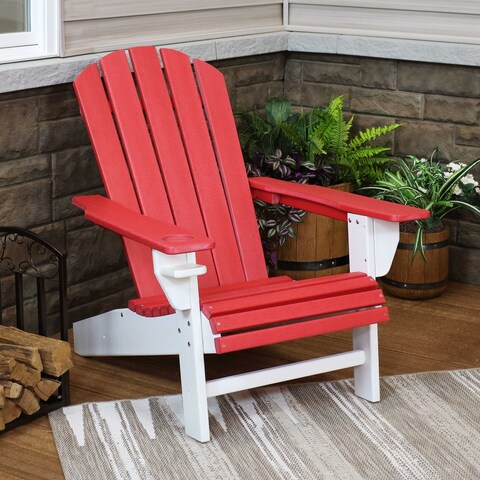 Sunnydaze All-Weather Red/White Outdoor Adirondack Chair with Drink Holder