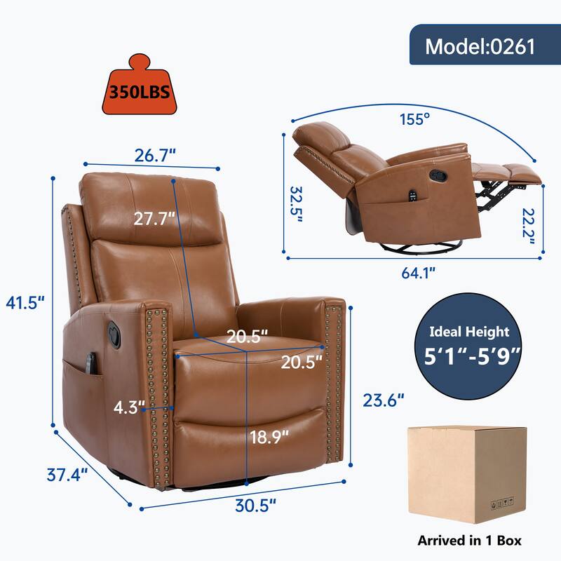 Deep Yellow Genuine Leather Heat Massage Manual Recliner Chair with Rocker and Swivel for Living Room
