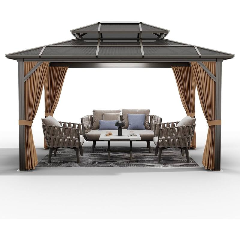 Hardtop Outdoor Double Roof Gazebo, Aluminum Frame Permanent Pavilion with Curtains and Nettin