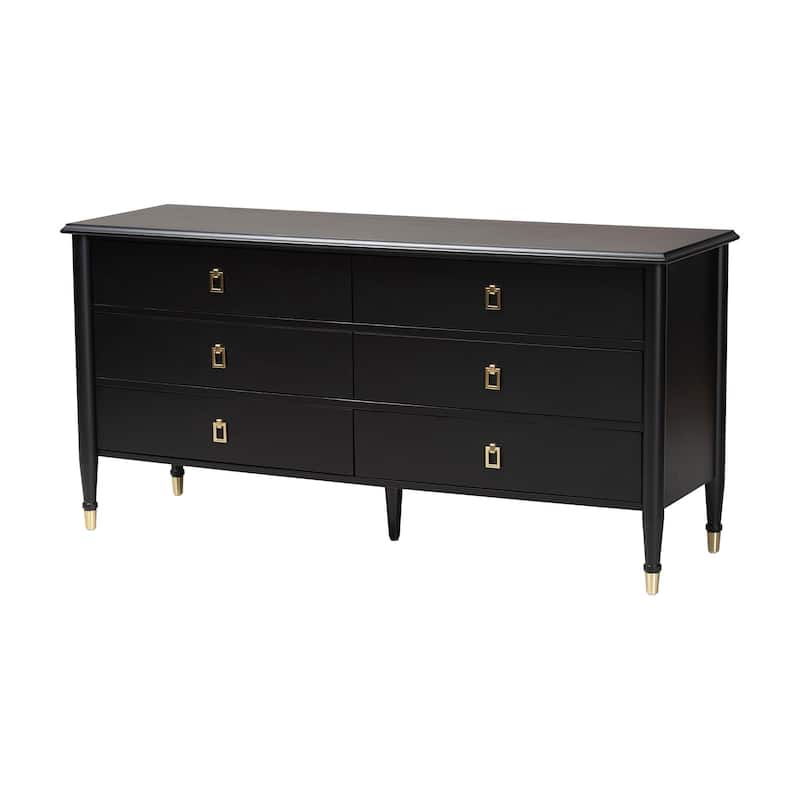 Tamra Black Wood Dresser with Drawers - Bedroom Storage Unit with Metallic Accents, 6-Drawer Modern Transitional Bedroom Storage - Black