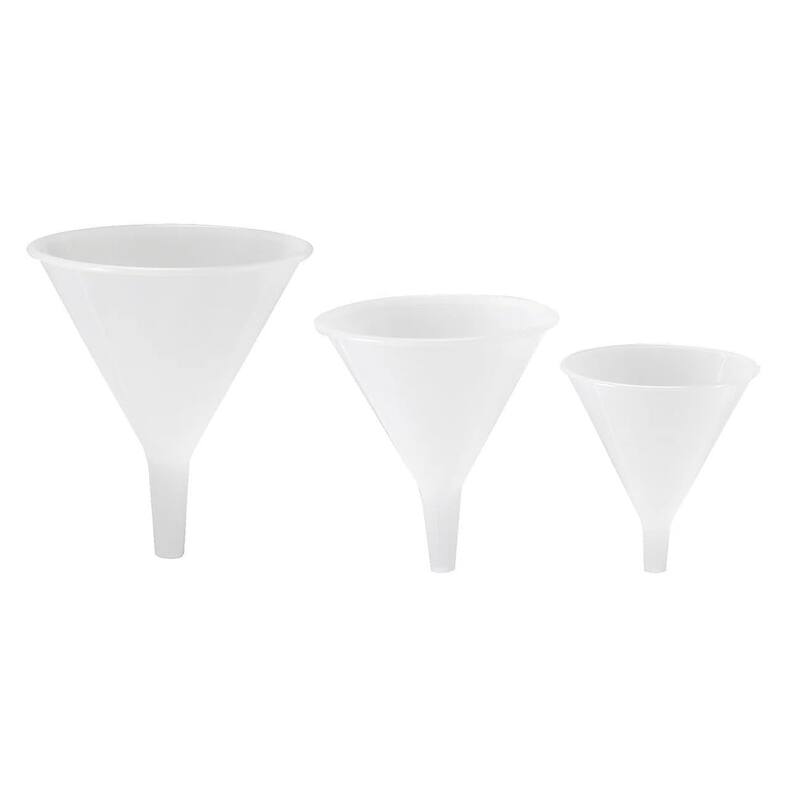 Hutzler Plastic Funnel 3-Piece Set, Includes 4oz, 8oz, and 16 oz Funnels, Perfect for Various Uses Around the Kitchen - White