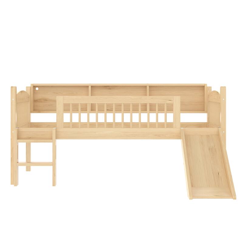 Twin XL Loft Bed with Storage Shelves, LED Lights & Guardrails