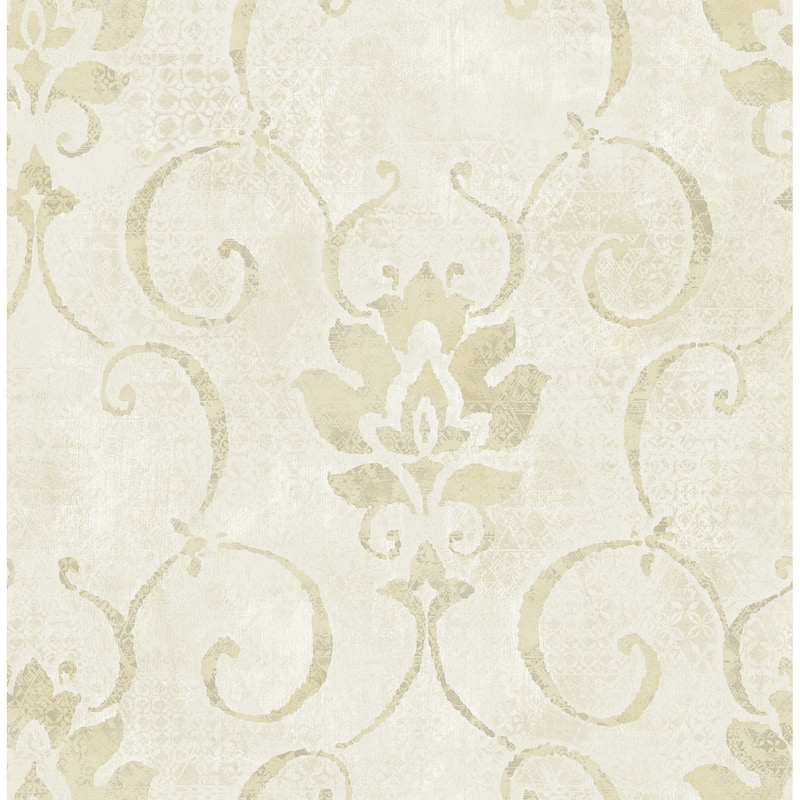 Seabrook Designs Brielle Damask Unpasted Wallpaper - 20.5 in. W x 33 ft. L - Metallic Pearl and Beige
