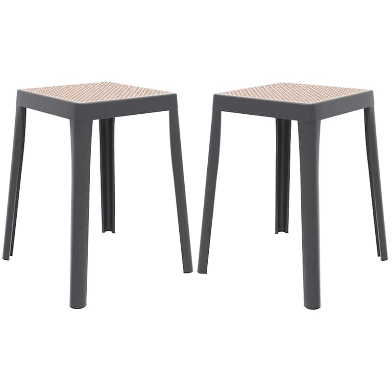 Tresse Modern Stackable Dining Stool with Wicker Seat for Dining Room, Garden, Patio, Indoor or Outdoor Set of 2 - Grey