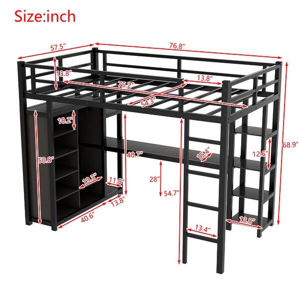 Metal Full Size Loft Bed with Built-in Desk, Storage Shelves and Wardrobe