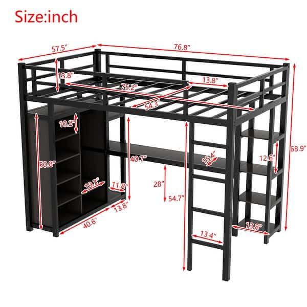 Metal Full Size Loft Bed with Desk, Shelves, and Wardrobe - Black