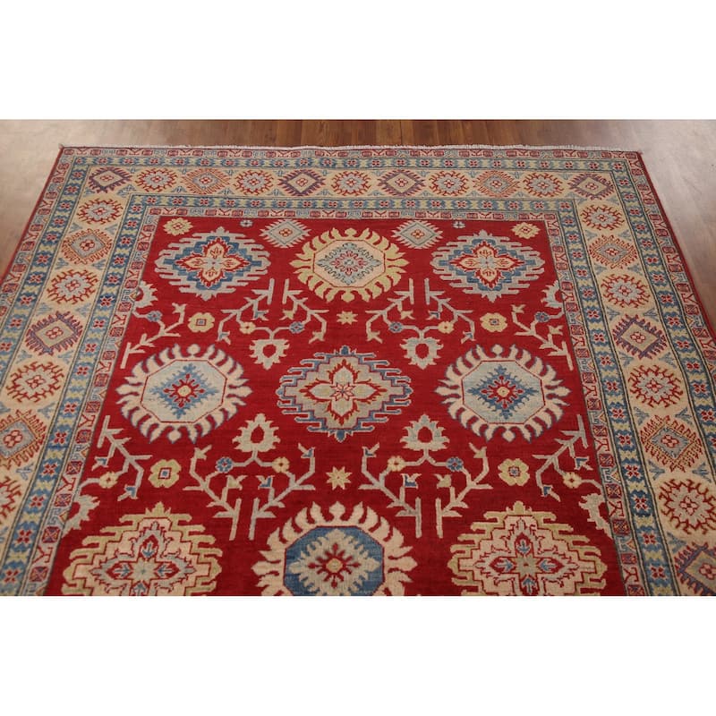 Red Geometric Kazak Area Rug Handmade Oriental Wool Carpet - 6'0" x 8'10"