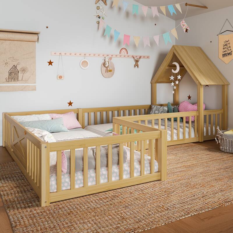 Modern House Floor Bed Frame, Double Floor Beds with Fence and Door