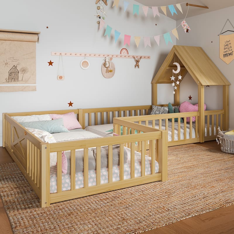Montessori Floor Bed for Toddler Kids, L Shape House Bed with Door and Guardrails, Double Bed Frame Design for Sleeping and Play