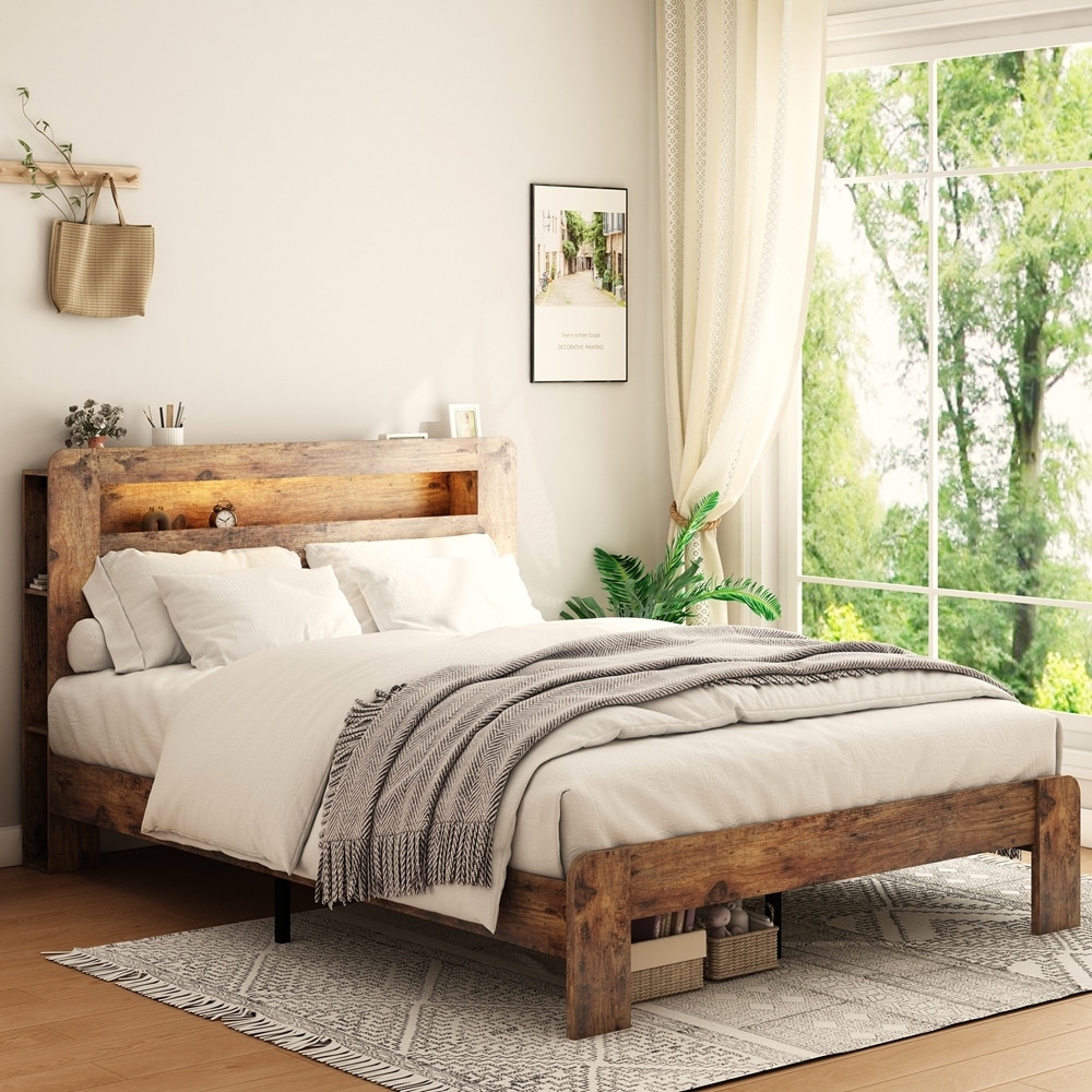 Wood Platform Bed Frame with Storage LED Light Headboard and 2 USB