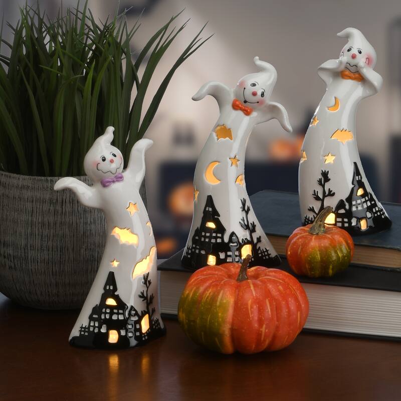 National Tree Company Halloween Three Dancing Ghosts Ceramic Decoration, LED Lights, Pack of 3, 7 inches - 7 in