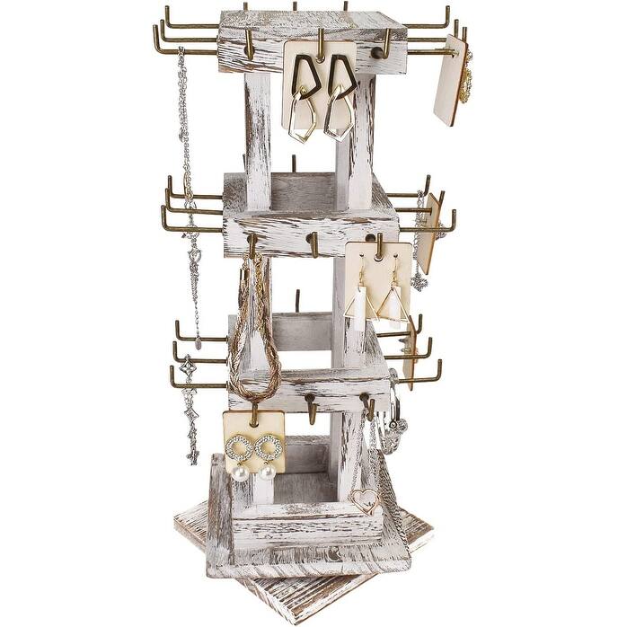 Natural Wood Rotating 36 Hooks Jewelry Tower