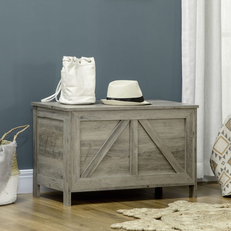 HOMCOM Farmhouse Storage Chest, Lift Top Toy Chest, Toy Box Organizer with Safety Hinge to Open Up 150° - Grey