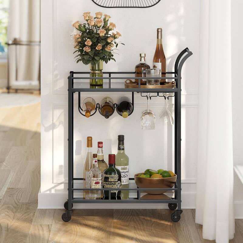 Home Bar Cart with 2 Mirrored Shelves, Wine Holders, and Glass Holders