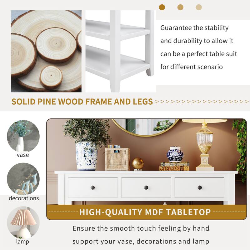 Solid Wood Narrow Entryway Table Console Table with 3 Drawers & 2-Tiers Bottom Storage Shelves, Long Sofa Table for Living Room