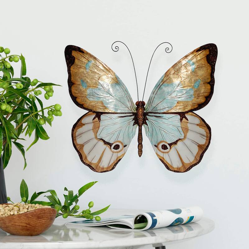 Eangee Handmade Butterfly Capiz Shell Wall Decor Copper With Aqua Large, 22 x 2 x 18 in.