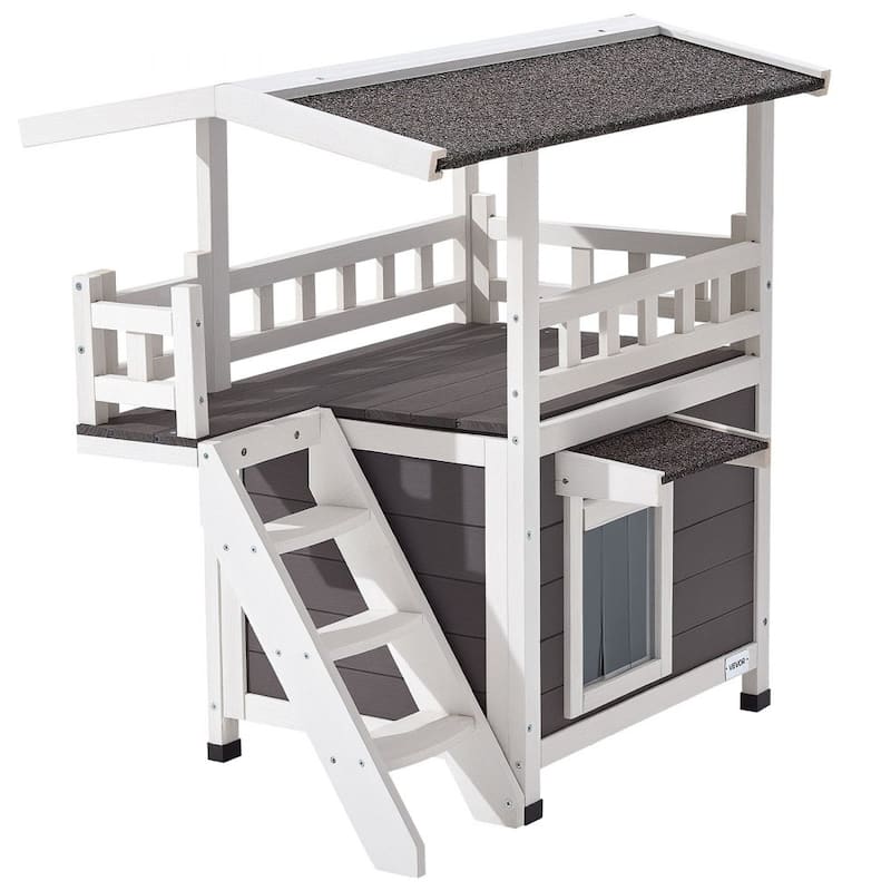 Outdoor Wooden Cat House with Balcony and Waterproof Roof Elevated Shelter for Sunbathing