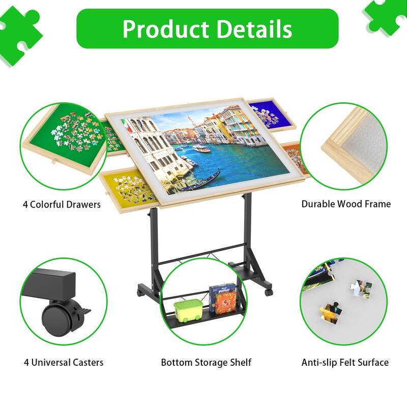 Wooden 1500 Piece Puzzle Table With Drawer,360°Tilting Puzzle Table With Legs And Wheels,Adjustable Height And Angle