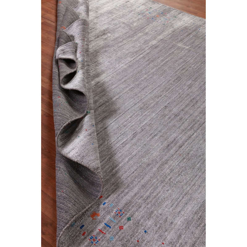 Hand Knotted Oriental Viscose Silk Carpet Tribal Stripe Greys & Charcoal Gabbeh Area Rug - 9' 9'' X 8' 0''