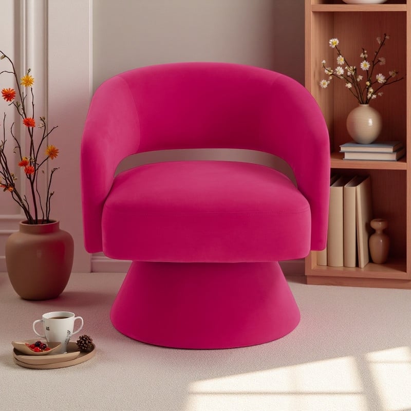 Velvet 360° Swivel Barrel Chair with Rotating Open-Back and Solid Wood Base