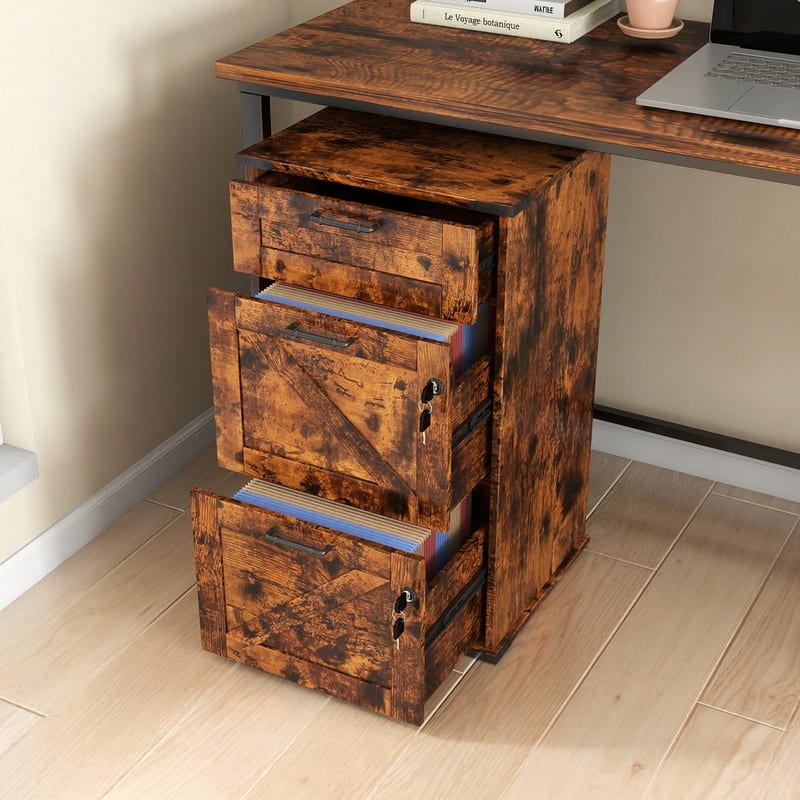Barn Door Wooden 3 Drawers With Lock 30.71"H