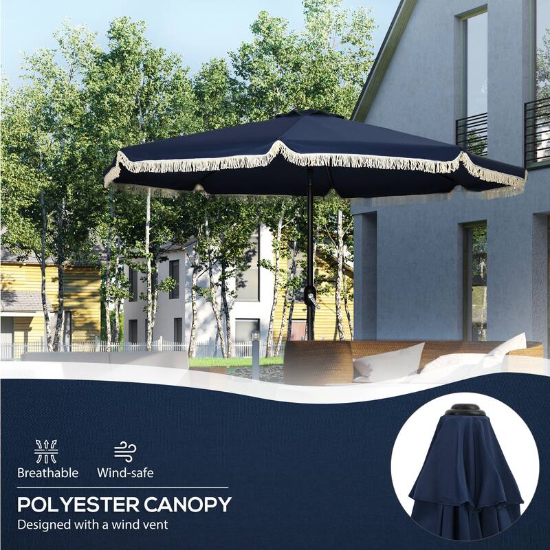 Outsunny 9ft Patio Umbrella with Push Button Tilt and Crank, Ruffled Outdoor Market Table Umbrella with Tassles and 8 Ribs