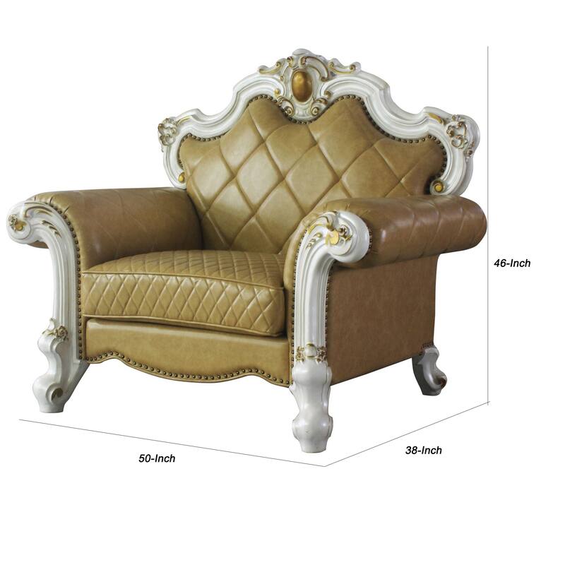 Leatherette Chair with Diamond Stitching and Carvings, White and Beige