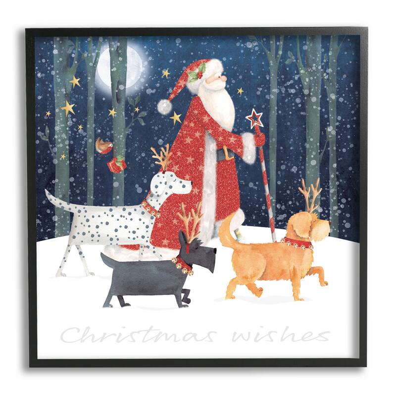 Stupell Cheery Christmas Night Santa & Dogs Snowy Scenery Framed Wall Art - Multi-Color - 24 x 24 - Black