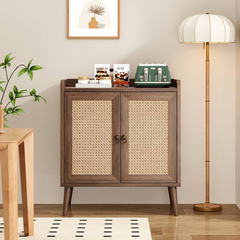 Sideboard Buffet Cabinet with Storage, Bar Liquor Cabinet with Rattan Decorated Doors, Credenza Console Tablefor Dining Room
