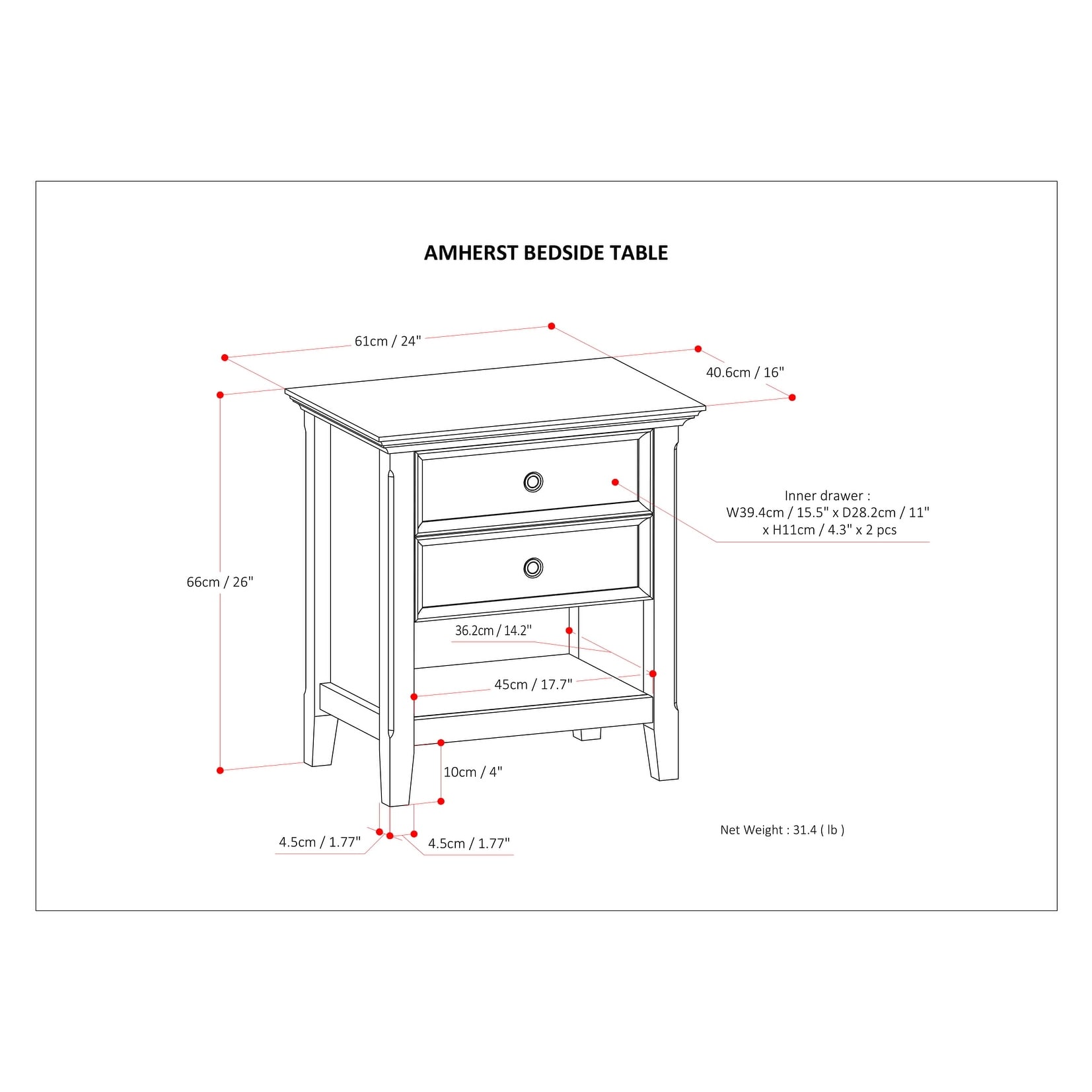 16 inch top wide night table