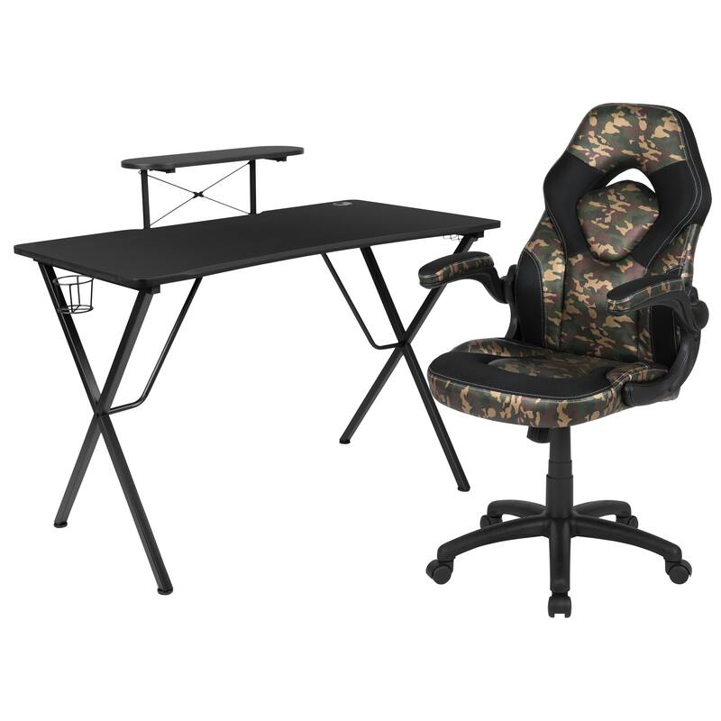 Gaming Desk & Chair Set with Cup Holder, Headphone Hook, and Monitor Stand