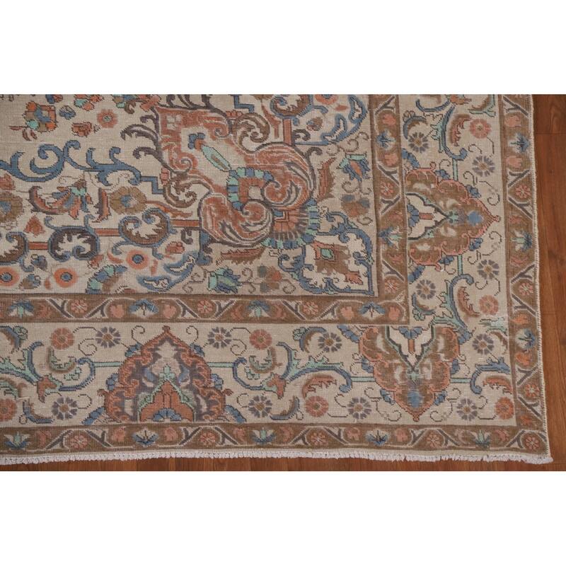 Hand Knotted Oriental 100% Wool Carpet Traditional Floral Beige & Ivories Tabriz Area Rug - 12' 9'' X 9' 9''