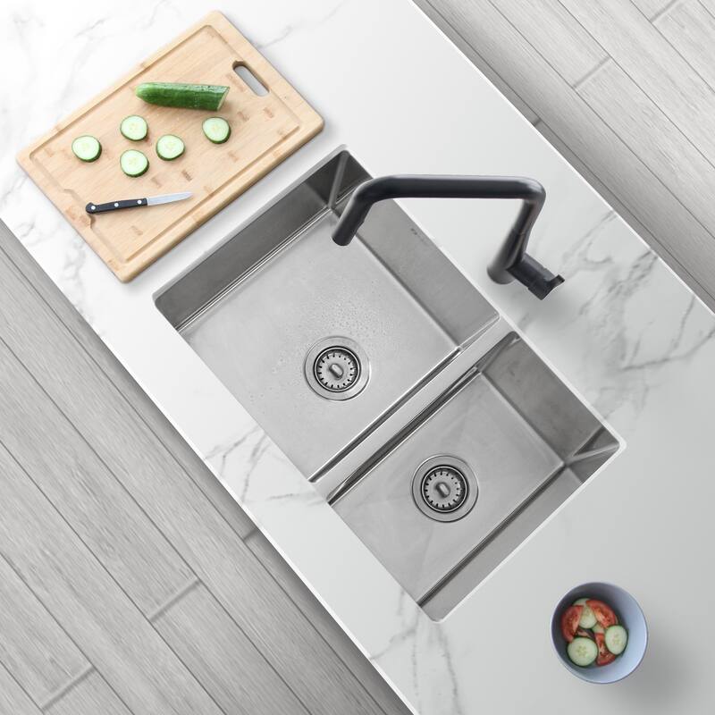 stylish 28 inches L x 18 inches W Double Bowl 60/40 Reversible Undermount Stainless Steel Kitchen Sink with Strainers
